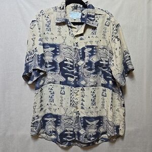 Whitby 100% Washed Silk Abstract Button Up Collared Shirt Size Large Blue Beige
